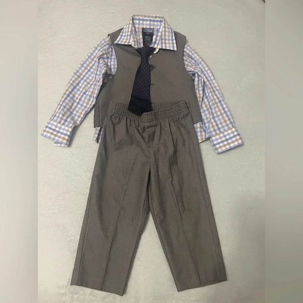 Nautica Kids Gray Vest Set with Blue Plaid Shirt and Navy Tie